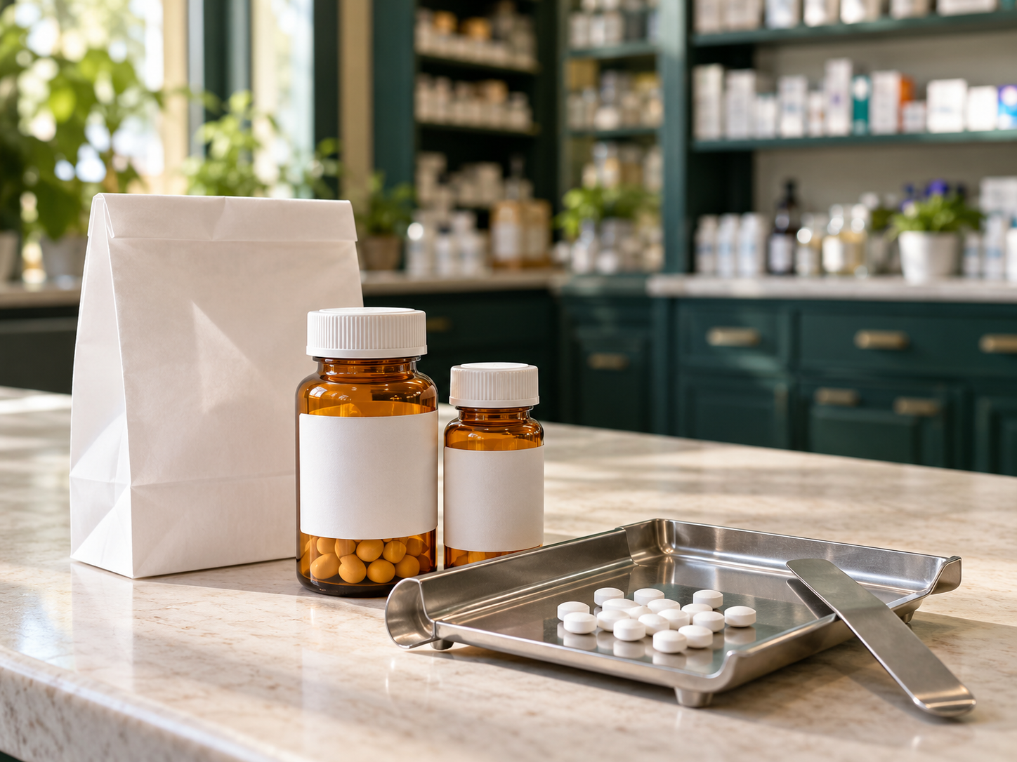 Illustrative still life of pharmacy bottles, a paper bag and a tablet counting tray